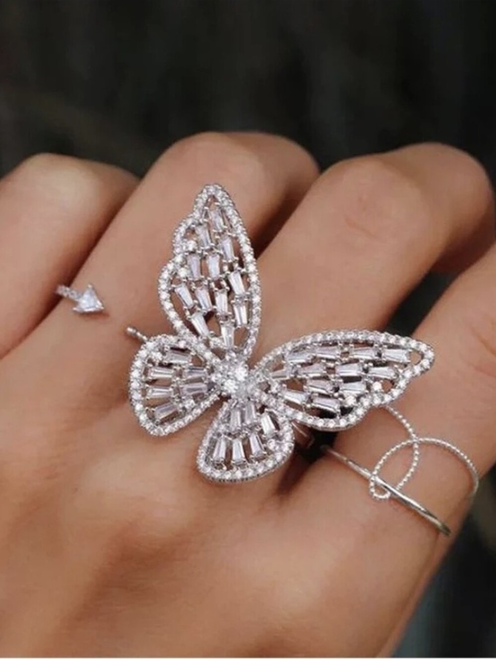 VVS1 4.5 Carat* Baguette&Round-cut Full Moissanite Custom Butterfly Ring* 7 US*